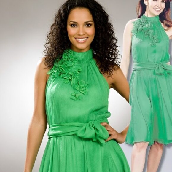 Zara Women 100% Silk Halter Neck Emerald Green Floral Detail A-Line Dress Size L - Picture 1 of 16